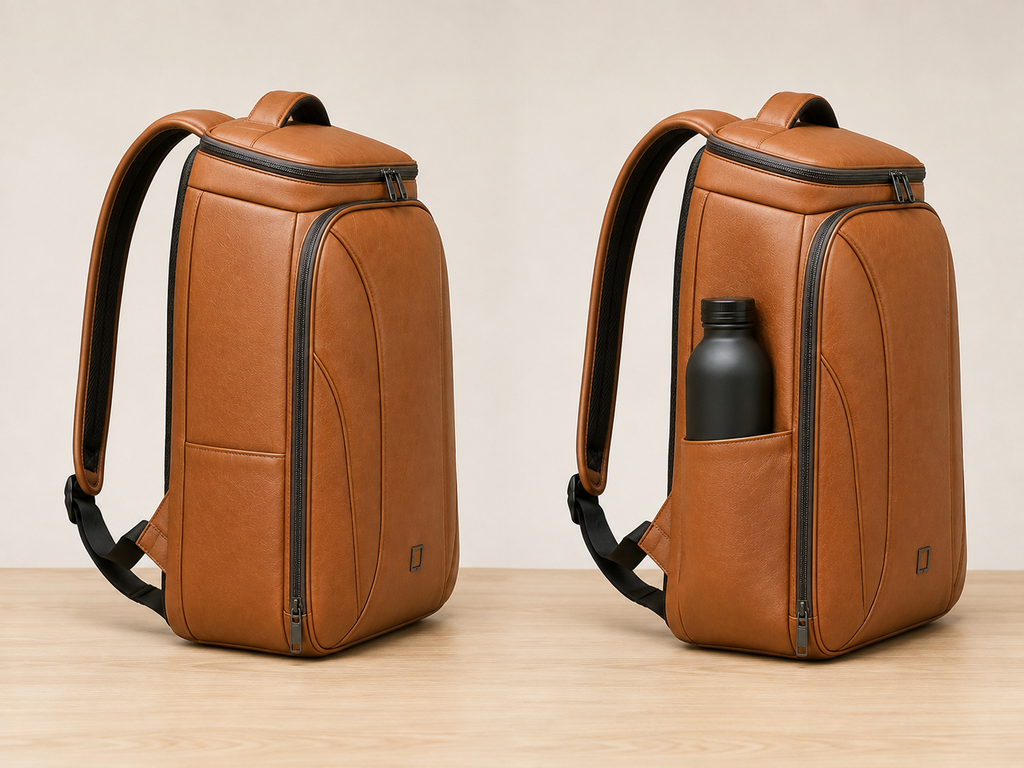 A tan leather backpack shown from two angles on a light wood surface against a beige background. The left view shows the main body and straps, while the right view shows the side pocket holding a black bottle.