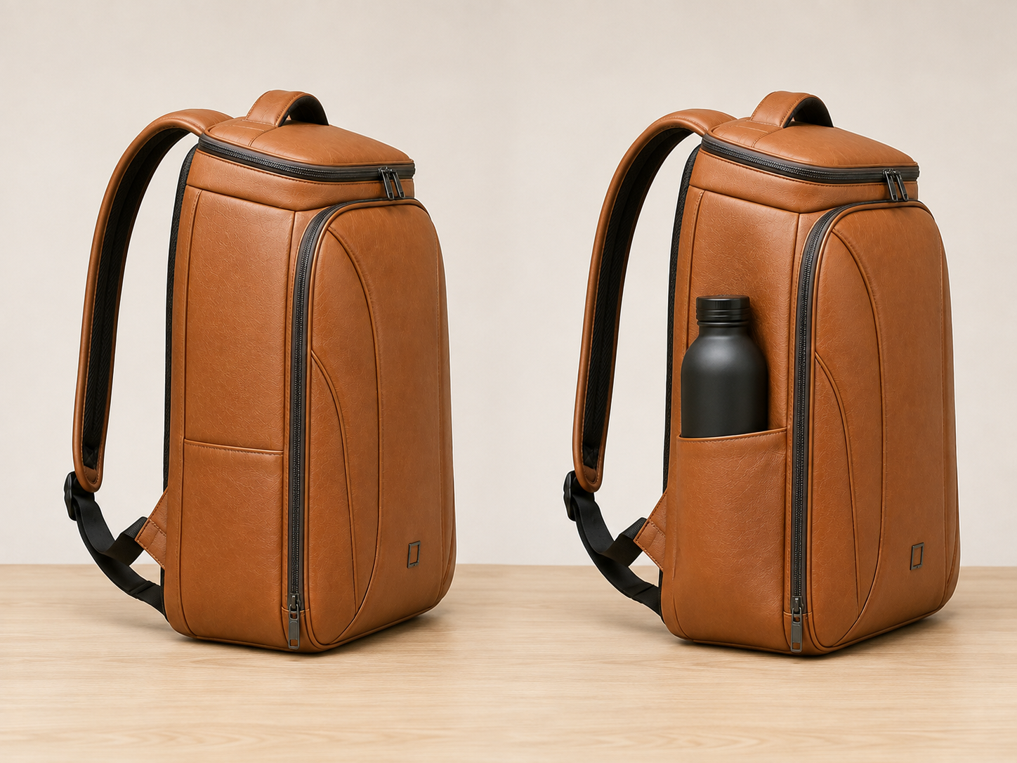 A tan leather backpack shown from two angles on a light wood surface against a beige background. The left view shows the main body and straps, while the right view shows the side pocket holding a black bottle.