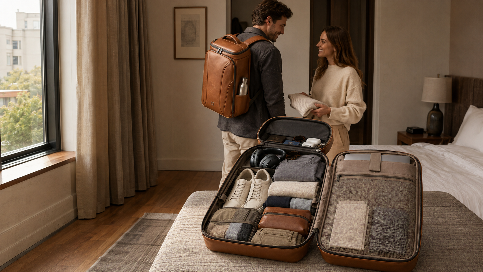 A man wearing a brown leather backpack stands in a hotel room next to an open matching brown leather suitcase on a bed, with a woman holding a suitcase nearby. The open suitcase shows neatly folded travel gear including gray and brown clothing organizers, white sneakers, and a small bottle in a side pocket.