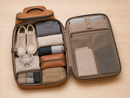 An open brown leather suitcase laid flat on a light wood surface, filled with neatly folded travel items including shoes, folded garments, a collared shirt, socks, and small zip pouches. The suitcase interior and compartments are visible, and no person or real environment beyond the tabletop setting is the focus.