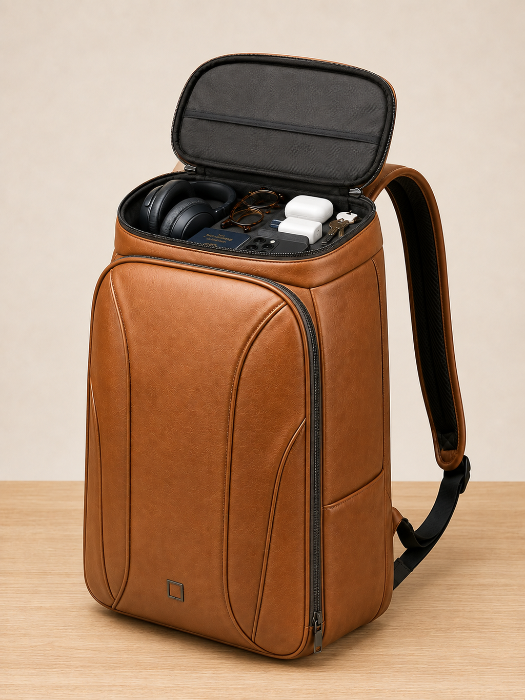 A brown leather backpack shown open on a light wood surface against a beige background, with its interior organizer visible and containing headphones, glasses, and small accessories.